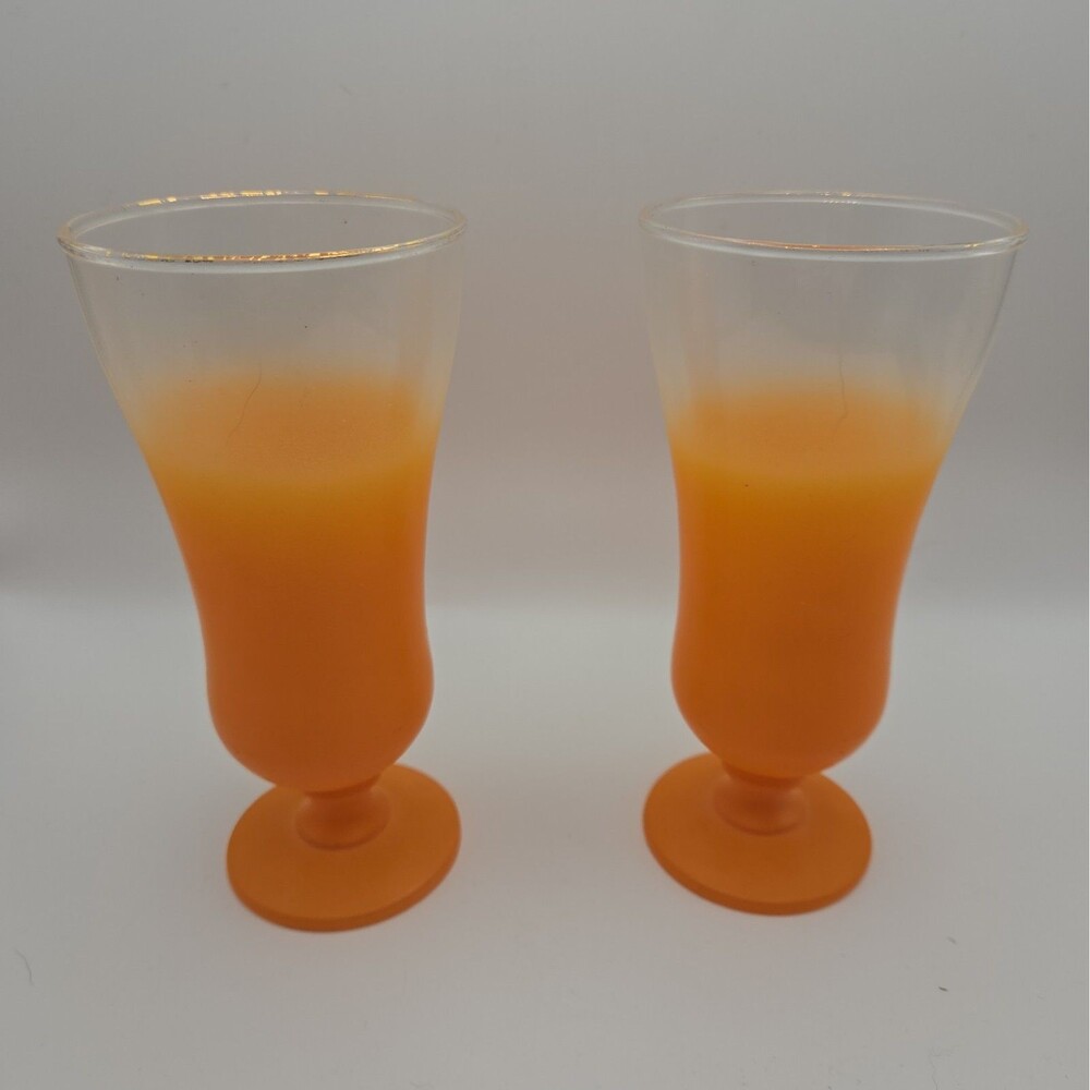 Vintage Set of 2 Blendo Orange Parfait Glasses Gold Rim Frosted Glassware